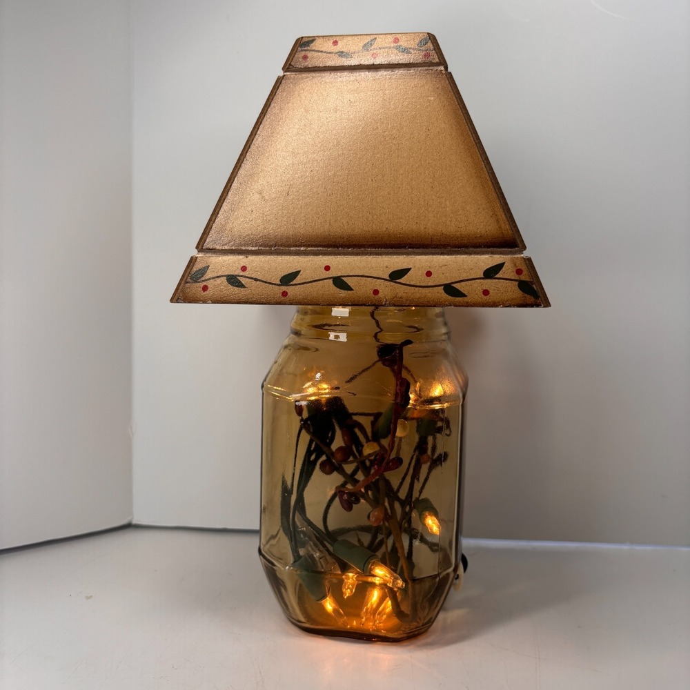 Lighted Jar Accent Lamp w Wooden Shade Lighted Berry Cottage Farmhouse Decor - Picture 10 of 10